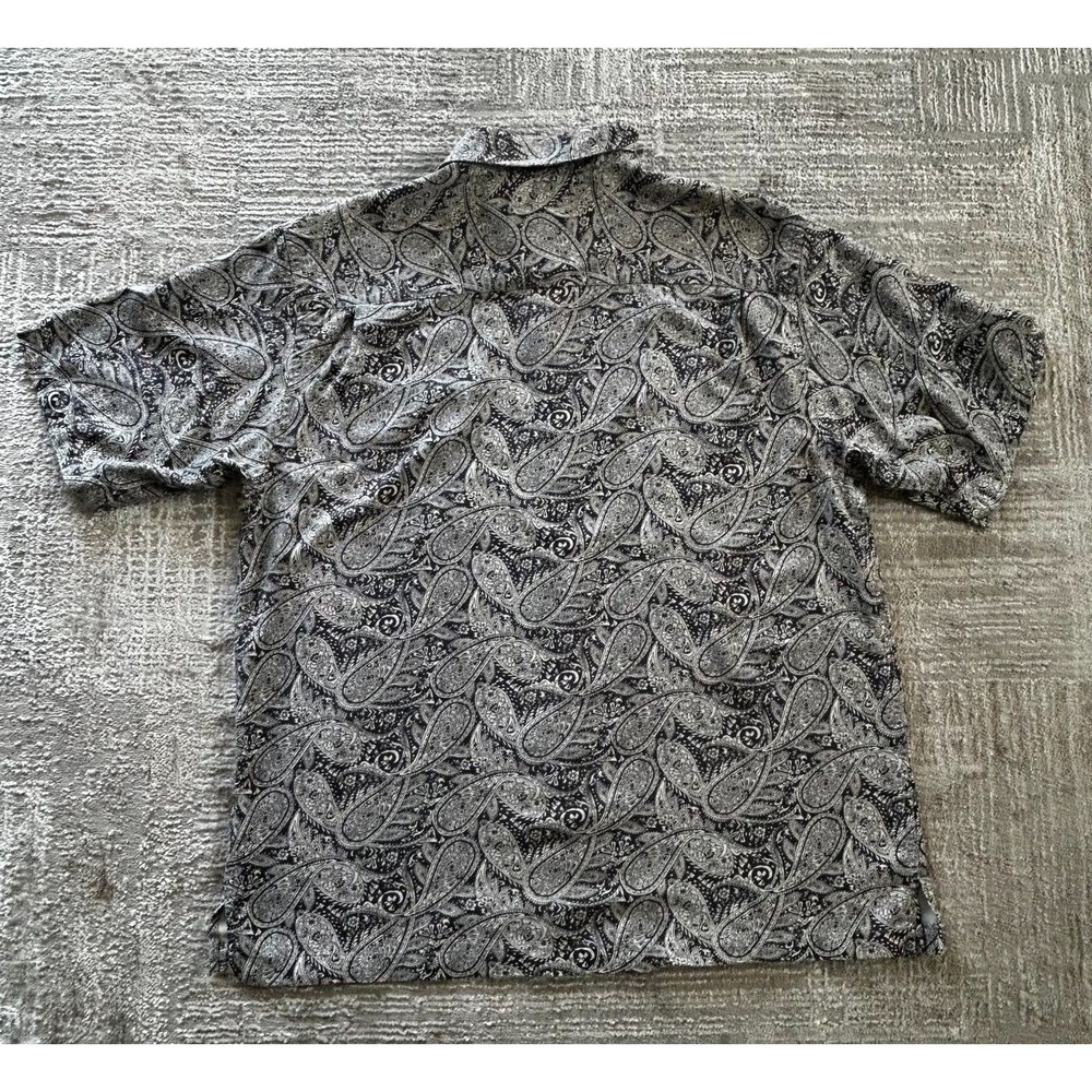 Vintage Silk Hawaiian Shirt Mens XL Black White Paisley Print Collared Button Up - Picture 2 of 11